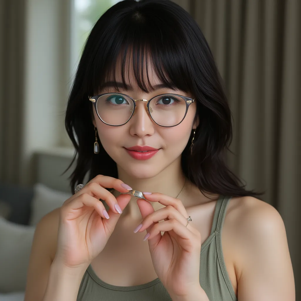 A beautiful Japanese actress with long black hair expresses the size of 1 mm with her hands with a questioning expression.　She is wearing fashionable glasses. Big breasts. wearing a tanktop.