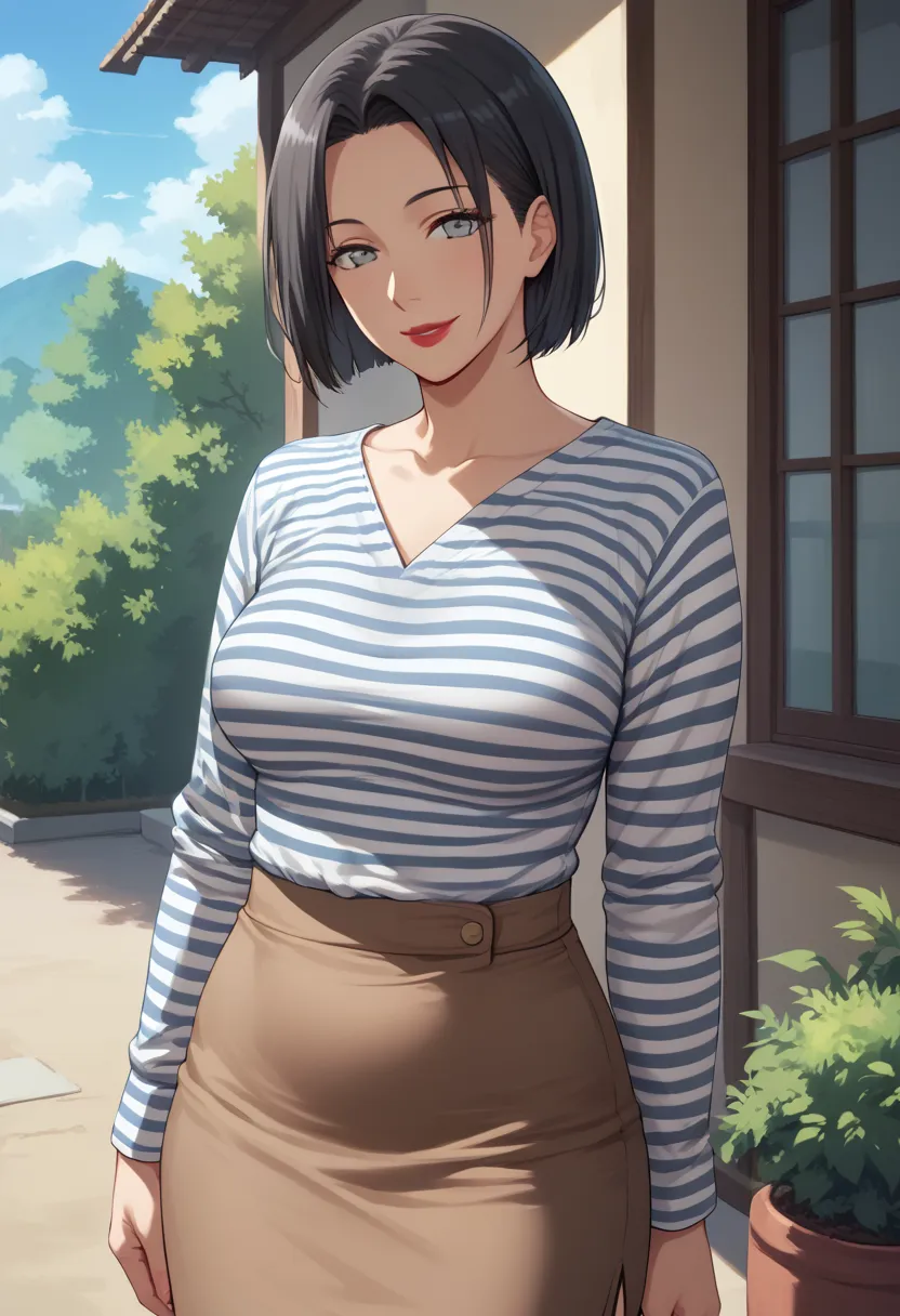 masterpiece,best quality,good quality,newest,
outdoors,,day,
smile,
looking at viewer,
solo,
anime coloring, nagasaw_asami\(nanimoshiranai\),1girl,mature_female,black hair,bob_cut,black grey eyes,lipstick,
striped_shirt,long_sleeves, brown skirt,pencil_ski...