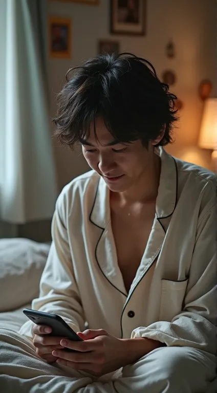 Real photo style high quality Japanese man in his 40s
old pajamas
Unkempt hair
Search for「How to become rich」on my phone and do nothing
Background The room above the bed is messy
Light source Dim lighting
composition close-up