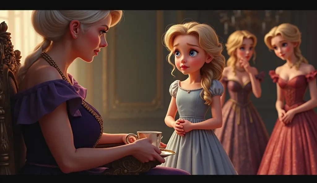 A age Cinderella with big blue eyes and soft golden-blond hair stands nervously before her tall and imposing stepmother, who sits in an ornate chair sipping tea. Cinderella wears a simple but neat dress, her hands clasped together in hope as she speaks. Th...