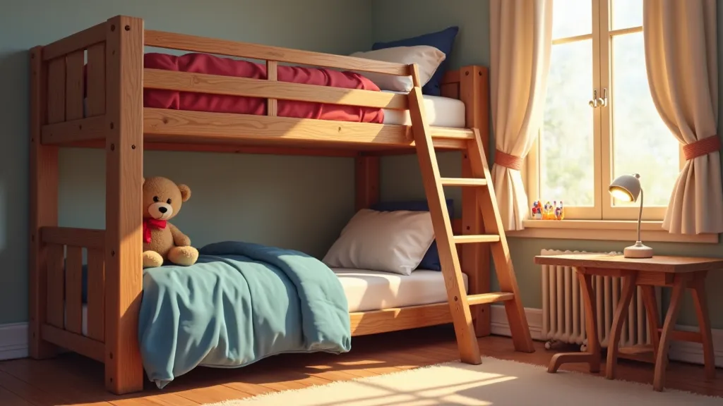 A cozy ren's bedroom featuring a wooden bunk bed with a sturdy ladder leading to the top bunk. The lower bunk has a neatly arranged blue blanket and a stuffed teddy bear, while the top bunk has a red blanket with a small pillow. A warm night lamp on a near...