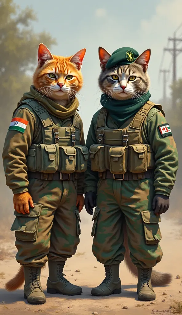 A realistic digital painting of two anthropomorphic cats dressed as soldiers, standing side by side. The cat on the left represents the Indian Army, wearing a camouflage uniform with an Indian flag patch on the shoulder, a tactical vest, and a beret with t...