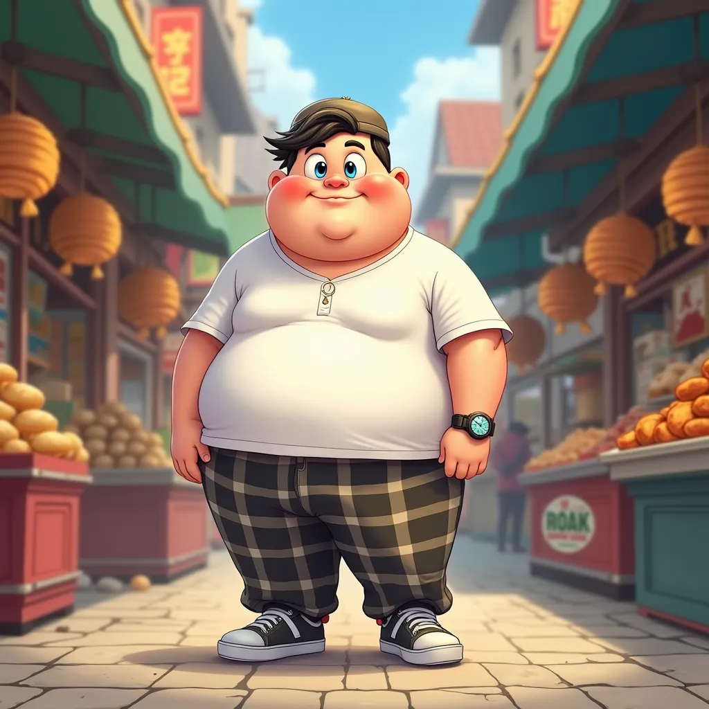 1boy,solo,(chubby, white long shirt, checkered saroong pant), black hair, short hair, blue eyes, , kopiah, left hand watch, sport shoes, fat, cute, chubby, funny, in a food market street, detailed food all over the kiosk, awesome facial expression, exagera...