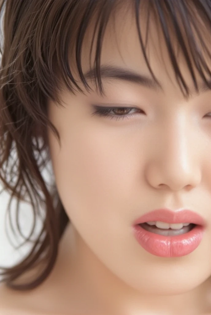  26 year old Japanese woman。close-up photo of a beautiful face from the front。eyes。close eyes。Please look this way。(Face slightly below the front、Please take a、……︙1.5))。((eyes。close eyes。︙1.7))、 The little mouth is open。