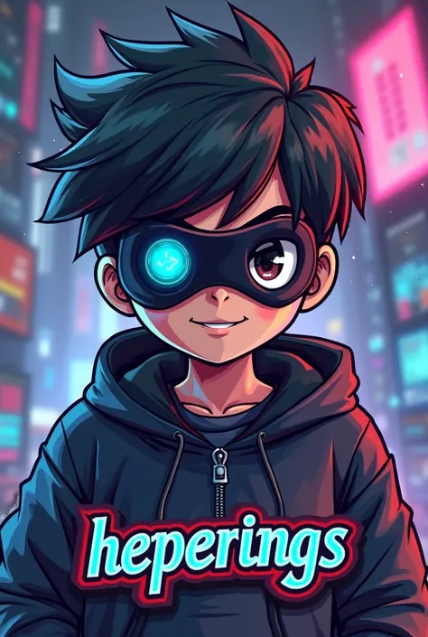 Create me a mascot logo where the mask is a black-haired gamer boy with the letters "HePerings