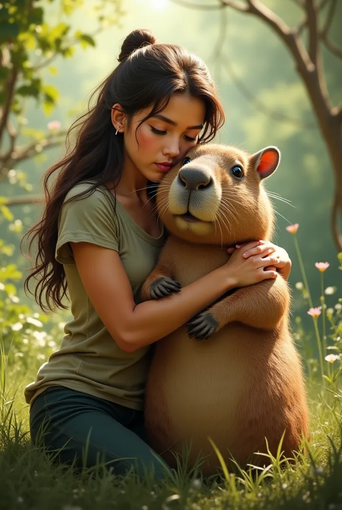 Woman embracing a capybara 