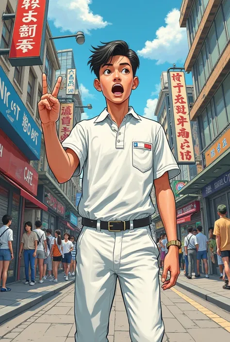 man student wearing a white uniform calling someone in a street comics