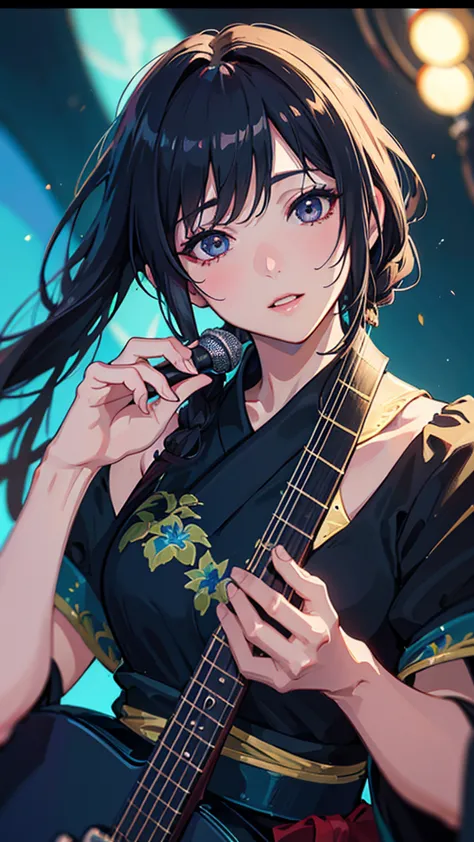 anime, In the style of painting by Hisaichi Ishii、Yoshikawa Roca sings Portuguese fado holding a microphone, best quality, 4K, 8k, high resolution, masterpiece, ultra-detailed, realistic, photorealistic, photo-realistic, HDR, UHD, studio lighting, ultra-fi...