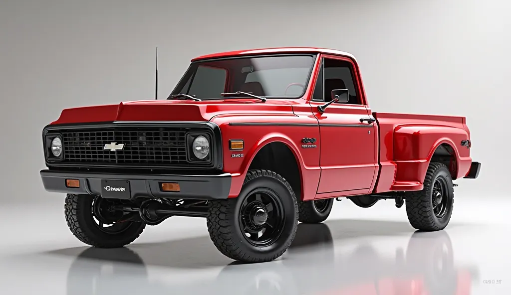 create an ultra-detailed 3D render  (front view of a modern(1970 Chevy Silverado 4x4 pickup truck)with a bold designy  looking long like limousine captured from front  view) The car should feature a 'Gleamy oily (Red)' color and black accents with a ' (Che...