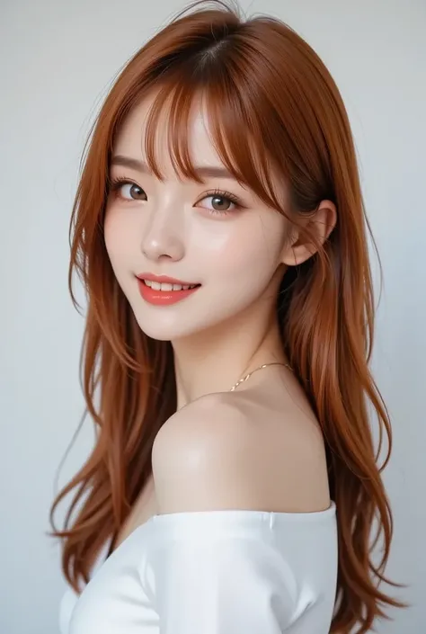 ((Forehead, beautiful girl, white background, off-shoulder clothing, shiny hair, straight long hair, red hair, long hair, red straight long hair, long full hair, full body))), small breasts, slender, beautiful legs, full makeup, eyeshadow, bright red lipst...