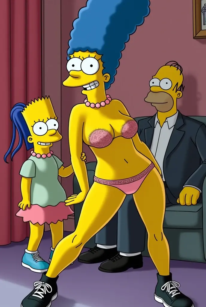 create a simpson image where you see homer simpson naked painting a naked woman eating a banana and bart watches the scene embarrassed.