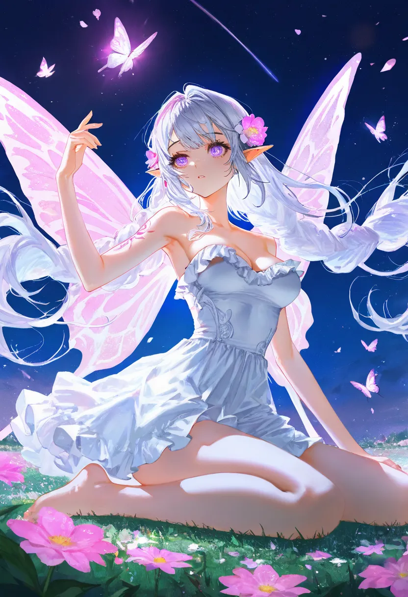 1girl, solo, long hair, breasts, bangs, hair ornament, dress, cleavage, bare shoulders, medium breasts, sitting, very long hair, purple eyes, full body, flower, white hair, parted lips, wings, sky, barefoot, pointy ears, hair flower, armpits, white dress, ...