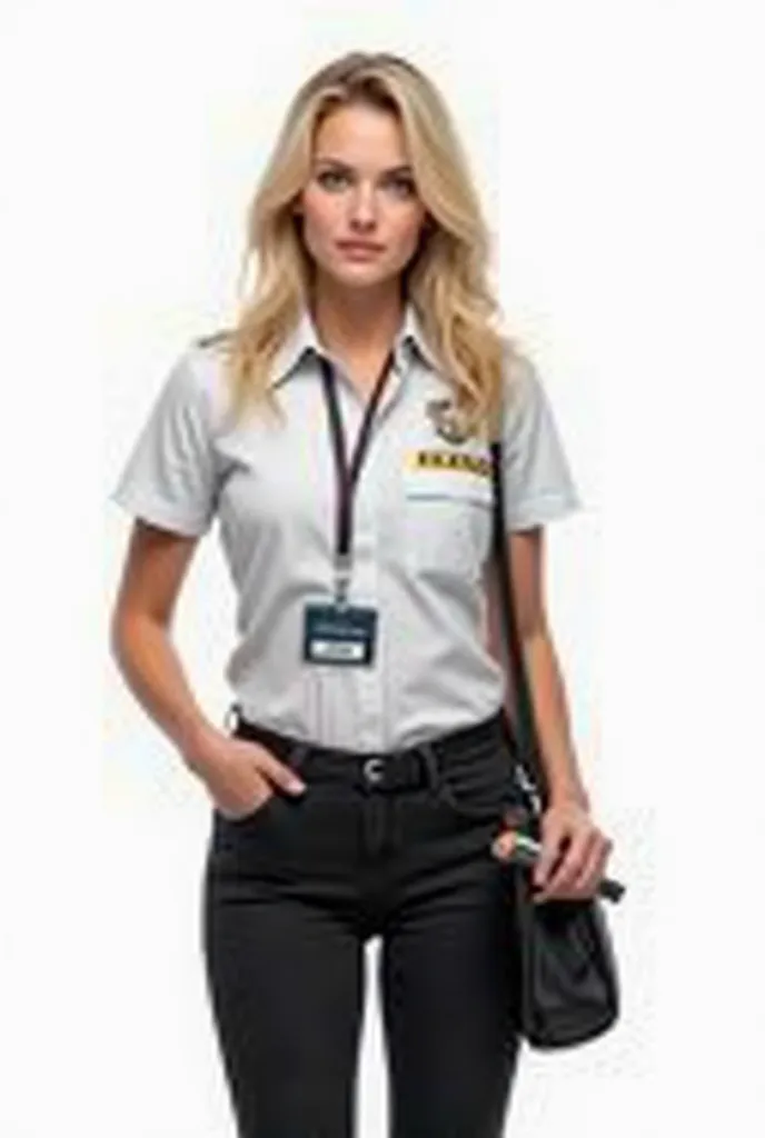 
Pretty blonde woman ticket inspector with shoulder bag. He is wearing a shirt color number #00ffae. He has an ID badge on a lanyard around his neck. Black pants. He has a breathalyzer in his hand. Very realistic style. White background. No people around. 