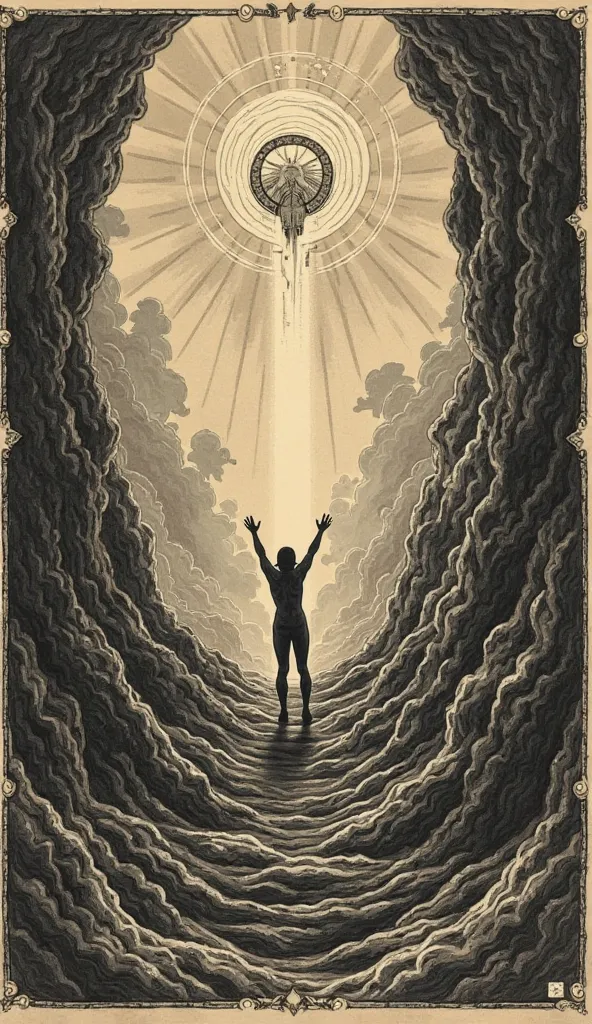 "Vintage style illustration, inspired by 19th century engravings, with sepia tones and black and white.  in the center, a human figure standing inside an abyss, with arms outstretched upwards, symbolizing self-discovery. Around the figure, the darkness of ...