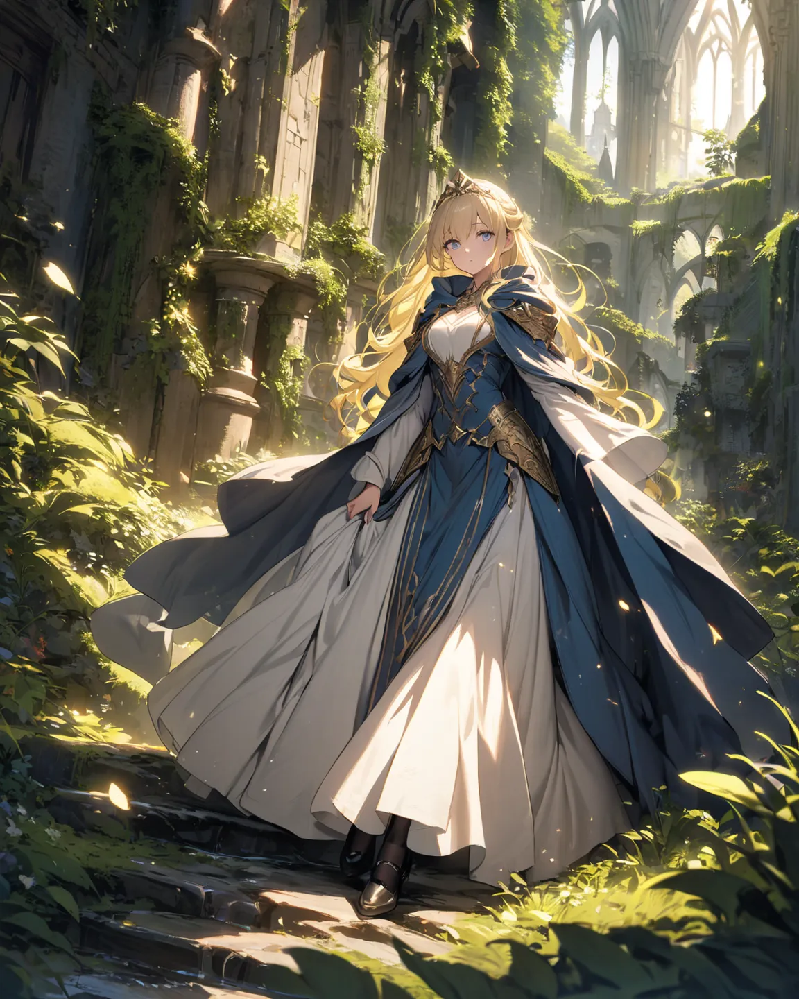 a human young princess, 1.65 meters tall, slim body, medium breasts, long light yellow hair, silver eyes, white skin, beautiful face. Wearing the mage clothes with white shirt, blue skirt, black pantyhose, black shoes, mage cloak. Medieval fantasy world.
