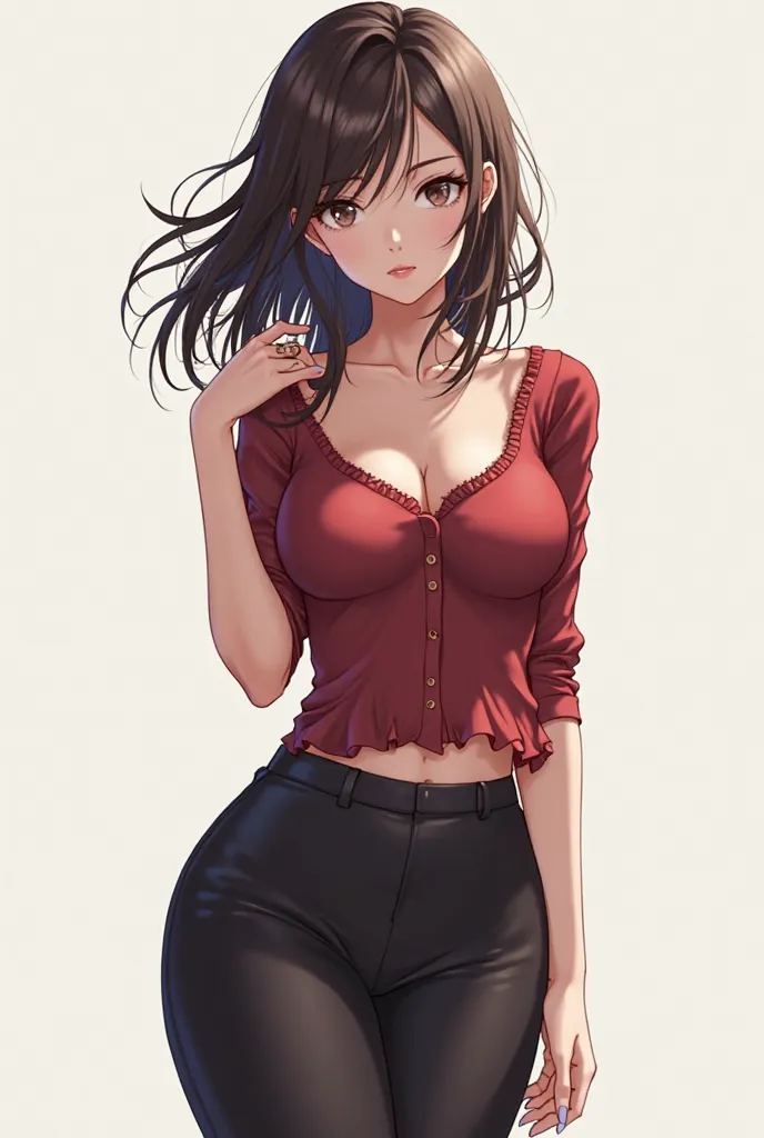 Anime girl naked in tight pants and tight shirt
