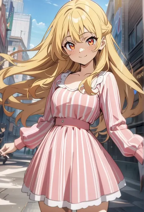 ((masterpiece,best quality)), absurdres, BREAK, 1girl, yellow hair, pink dress, orange eyes, striped dress, long sleeves, smile, freckles, smile, best quality, masterpiece, standing, day, city, long hair,Masterpiece, Best Quality, Anime Style, Anime, 