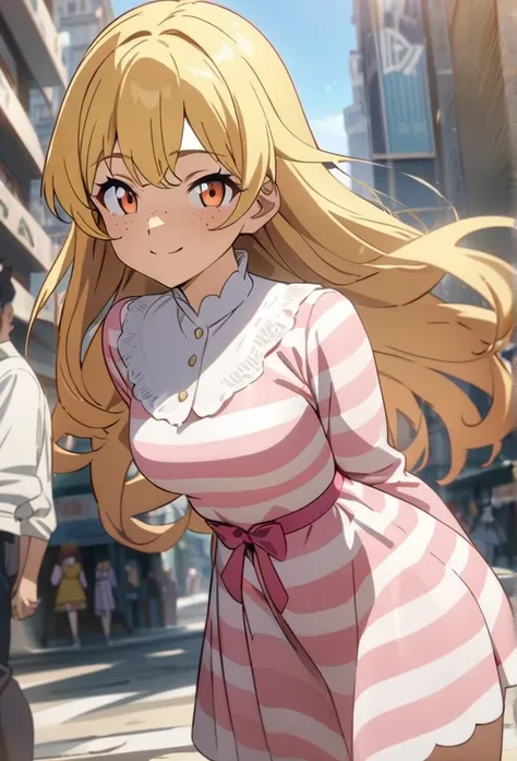 ((masterpiece,best quality)), absurdres, BREAK, 1girl, yellow hair, pink dress, orange eyes, striped dress, long sleeves, smile, freckles, smile, best quality, masterpiece, standing, day, city, long hair,Masterpiece, Best Quality, Anime Style, Anime, 