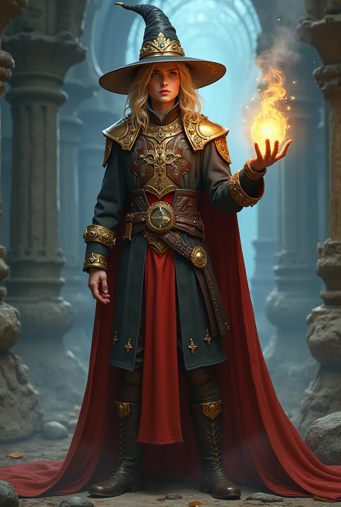 An alchemist with a blond pointed hat with a royal outfit and very small 