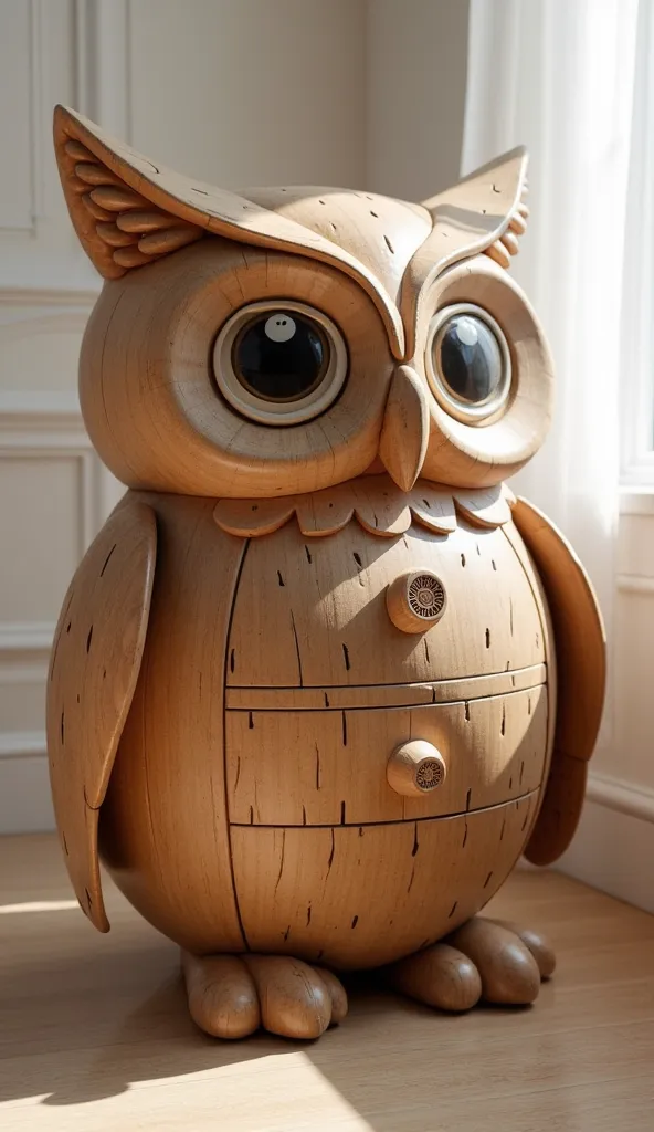 Imagine a charming and functional owl-shaped nightstand that combines whimsical design with practical storage. The nightstand is crafted to resemble a friendly owl, with its body serving as the main structure and the wings subtly integrated into the sides....