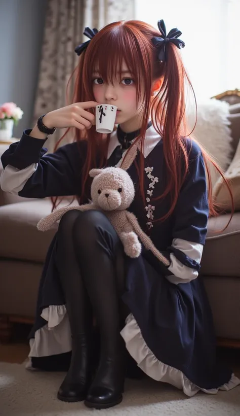 1 girl crouching、masterpiece、highest quality、uncorrected、My room with a stuffed rabbit、expressionless、sit on a chair、drinks hot coffee、Reddish brown hair、long hair、twin tails、purple eyes、Gothic Lolita、 small tits