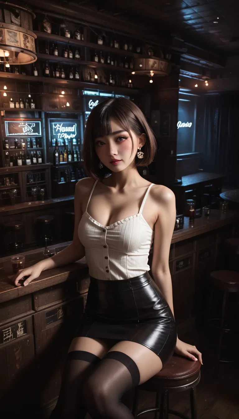 ((I'm sitting next to the audience at a counter seat in a stylish bar、Japanese girl 1))、(Face is close to the camera:1.2)、Mid-chest、Small face、natural makeup、Thick eyelashes、double eyelids、Fox Eyes、Beautiful eyes、short hair、earrings、Slightly blush、Love exp...