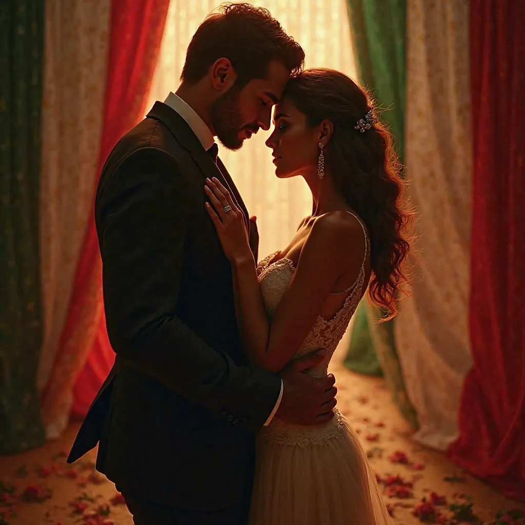 Sexy man in a suit with a sexy woman on him ready to kiss with an Italian flag for a sexy wedding