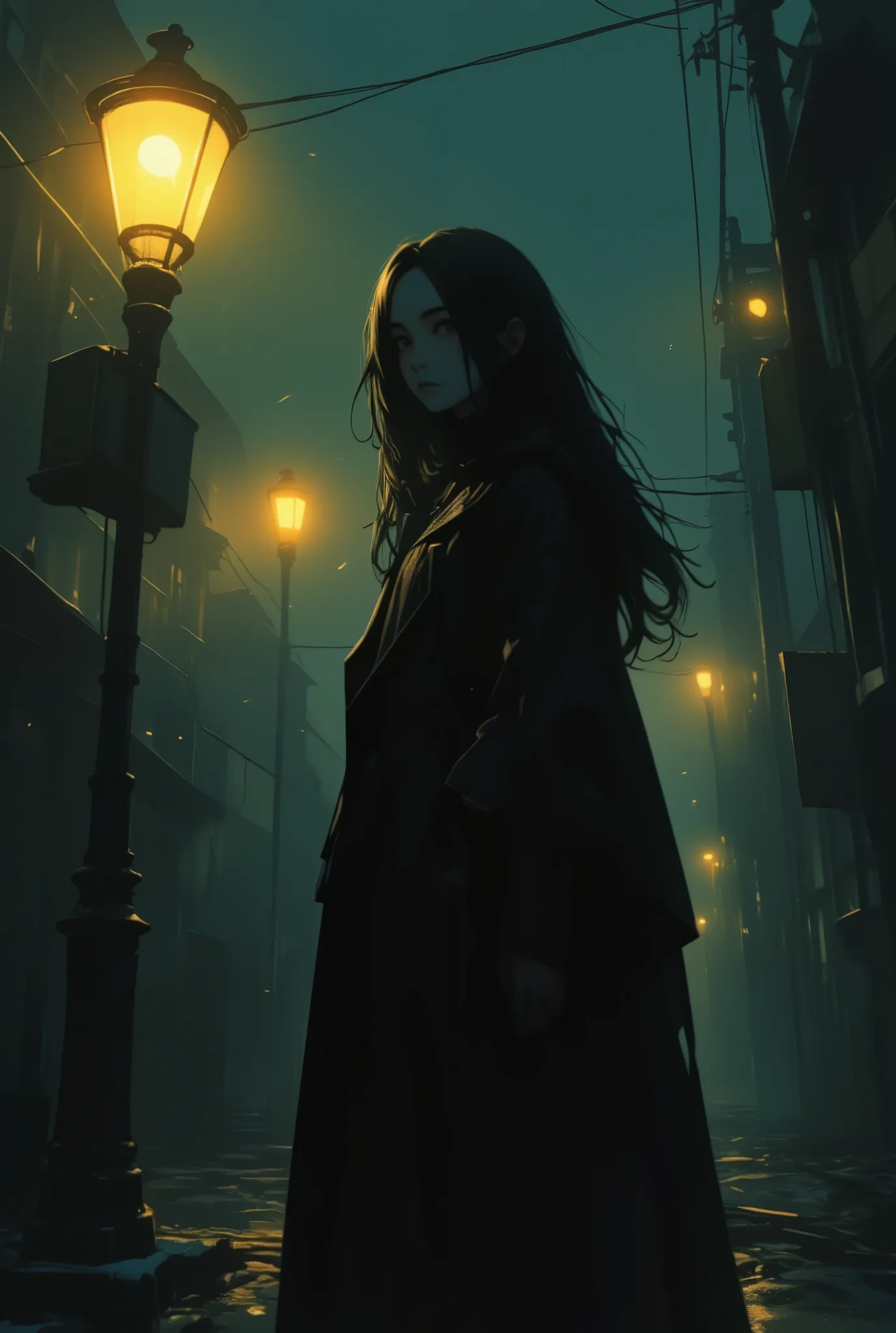 A mysterious woman standing beside a lone streetlamp in a desolate street, her figure shrouded in shadow, faint golden light barely illuminating her silhouette, long flowing hair partially covering her face, cold night air thick with mist, empty surroundin...