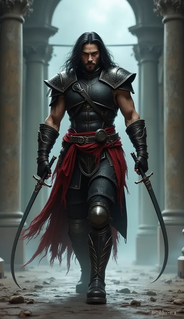 Image is a digital artwork featuring a fantasy warrior character in a dramatic pose. The character is centered in the composition, walking forward with a determined expression. He has long, dark hair and a light skin tone. His muscular build is accentuated...