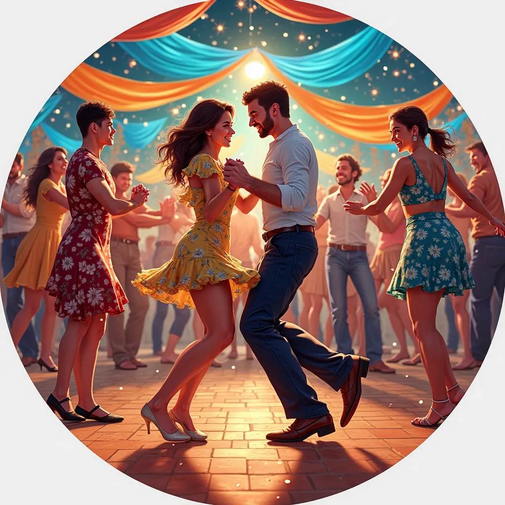 A lively salsa dance scene with couples in different dynamic poses: taken from both hands, of one hand with the other in the back or just with one hand, transmitting rhythm and connection. Everyone looks happy and expressive, with smiles and movements full...