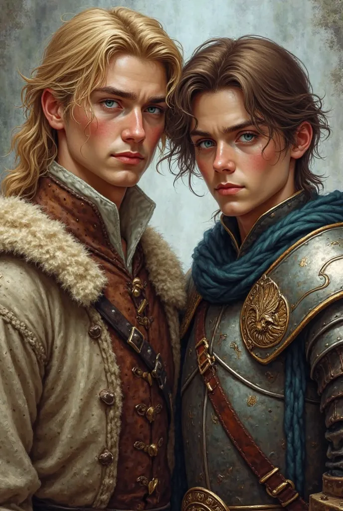 Two young men stand together. The first has blue eyes and long but not very long blonde hair. He wears old-fashioned clothing from the medieval era. The second has sharp features, brown hair, and olive-green eyes. He is dressed in a warrior’s suit, with ar...