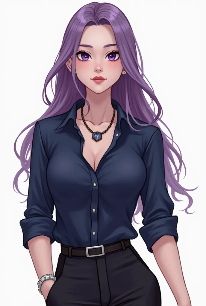 
Draw a woman with long, loose purple hair wearing dress pants and a dark blue shirt, I also want her to have a necklace and purple eyes. The sleeve from the arm to the wrist, Who has bigger breasts. Besides, it would be nice if I didn't have that chain up...