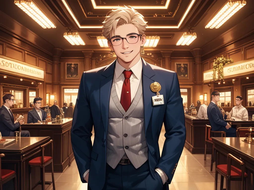 a man, very short hair with black color, wearing suits with black color, white gloves, square glasses, pretty smile, good guy