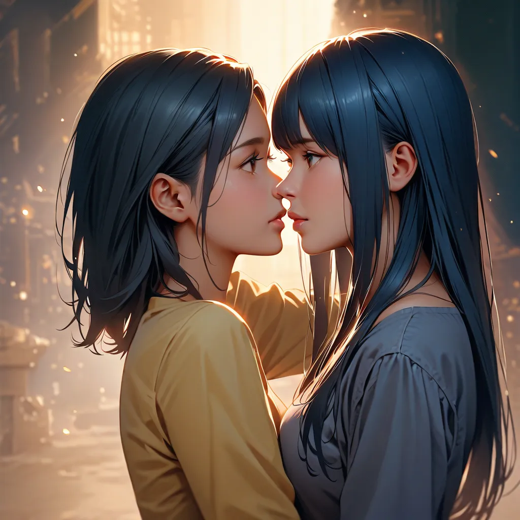 (masterpiece, better quality:1.2), 2Menina,face to face,  looking at each other, standing_Divided ,both standing Divided ,They kiss each other，blue denim pants, full body