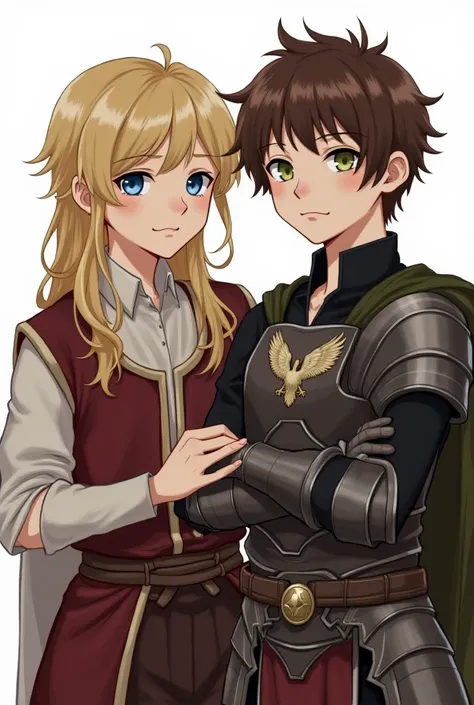 Two young men stand together. The first has blue eyes and long but not very long blonde hair. He wears old-fashioned clothing from the medieval era. The second has sharp features, brown hair, and olive-green eyes. He is dressed in a warrior’s suit, with ar...