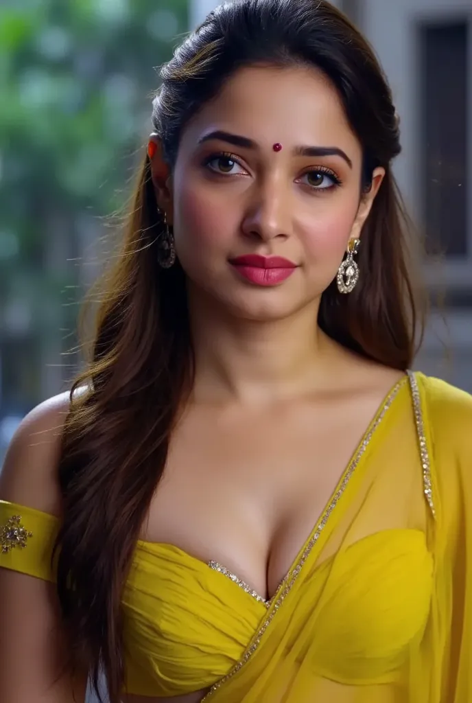 Looking at the viewer with sexy look, front view,Indian sexy bhabhi, wearing saree,tight yellow sleevless strapless bra, dancing outside in rain,dripped wet in rain, half drape saree,both hands on head showing dark hairy armpits,detailed wet skin,with hand...