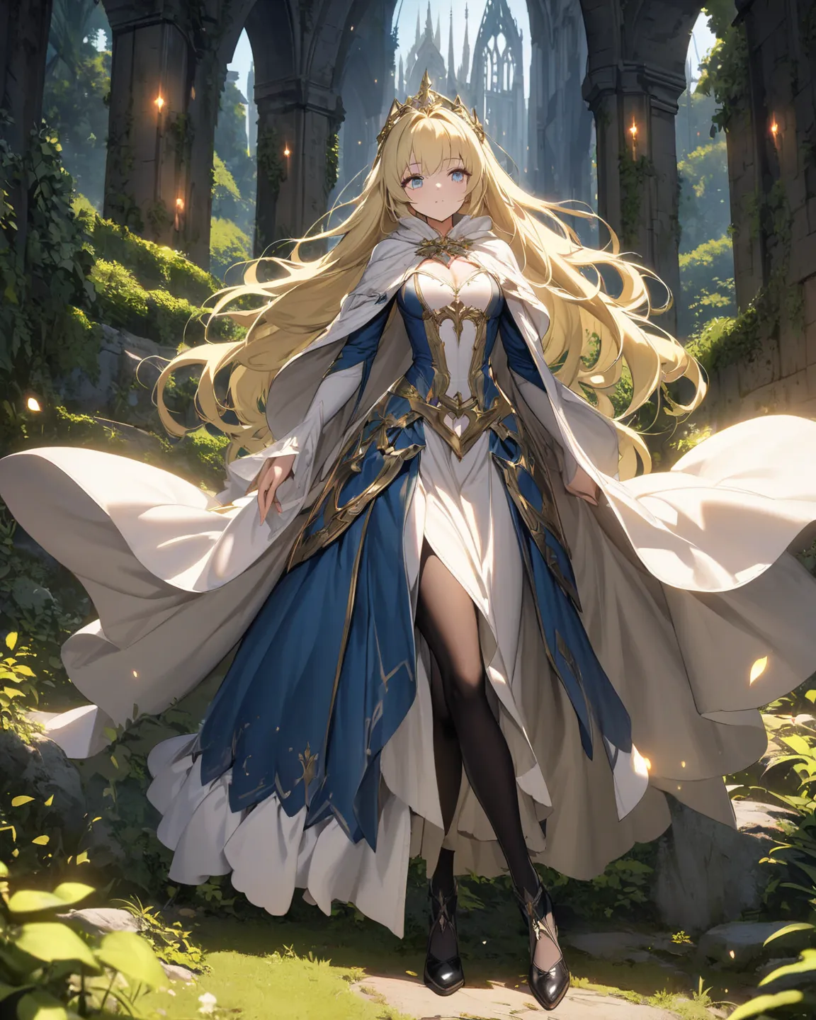 a human young princess, 1.65 meters tall, slim body, medium breasts, long light yellow hair, silver eyes, white skin, beautiful face. Wearing the mage clothes with white shirt, blue skirt, black pantyhose, black shoes, mage cloak. Medieval fantasy world.
