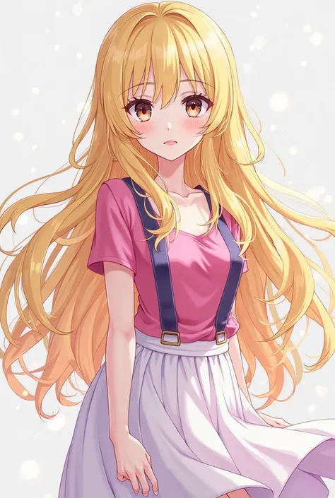 genarate me a girl with anime themed, very long gold hair black eyes blush on face pink and purple top white skirt.