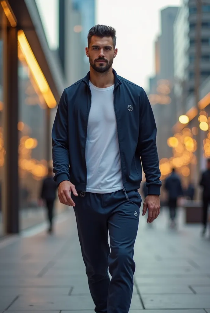 "A high-quality digital image of a handsome, athletic man with a well-groomed beard, short dark hair, and a confident expression, walking through a modern, stylish cityscape. He is wearing a sleek, dark ink-blue (deep navy) tracksuit, consisting of a zip-u...