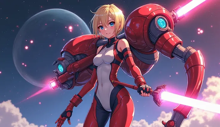 an illustration of ((anime style)) ((cartoon style))  in a sci-fi environment . A young warrior with blond hair and determined eyes wears a minimalist futuristic costume in shades of red and blue, with a revealing design and metallic details. behind his ba...