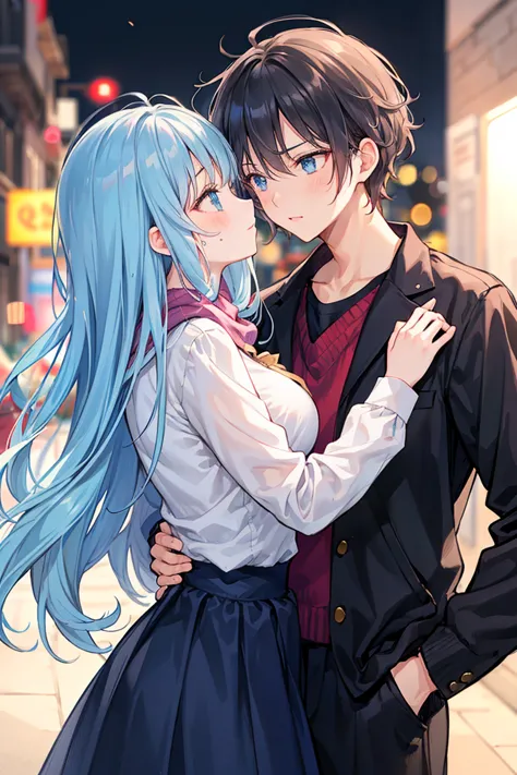 （masterpiece)  attention to detail, masterpiece），（  high definition ）A couple in their 20s, Women1 name、romance、bright environment、Brilliant aspect、Night City，Women（  long wavy light blue hair  ）about ~ look like、sweet sigh、man（messy black hair、Y  shirt,  ...