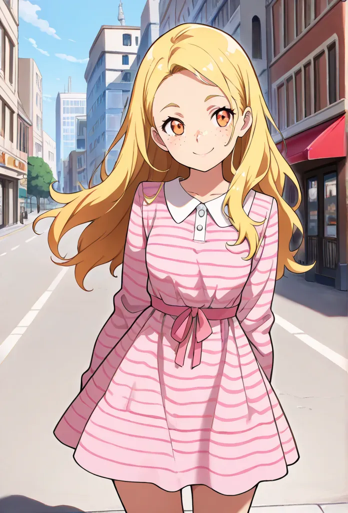 ((masterpiece,best quality)), absurdres, BREAK, 1girl, yellow hair, pink dress, orange eyes, striped dress, long sleeves, smile, freckles, smile, best quality, masterpiece, standing, day, city, long hair,Masterpiece, Best Quality, Anime Style, Anime, 