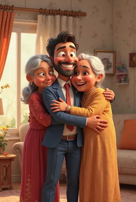 Create 3D Cartoon Image "A proud family moment. Ravi a Businessman  is smiling as his Mother Father hug him, with a sense of pride and happiness surrounding them."
