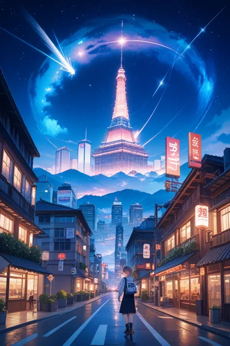 Japanese anime、 Scenery、City、 comet falls behind 、night、night景、