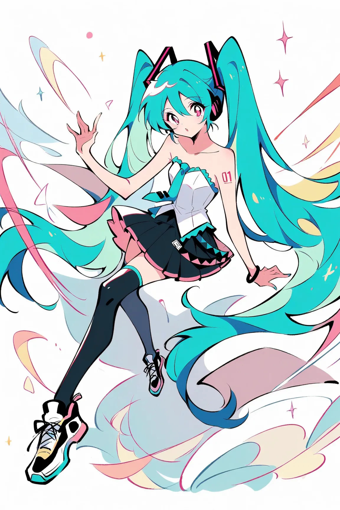 (has the best quality, sketch:1.2),practical, illustration designer  ,cunning，1 girl,   Hatsune Miku  ， delicate lips , hand， strapless， Neon long hair  ,  high ponytail green  ， skirt， Put your foot on the sound，sneakers。 masterpiece,  This style is very ...