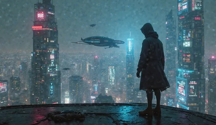 
A neon-lit cyberpunk city at night, towering skyscrapers covered in holographic ads, flying cars zipping through the sky, and a lone hooded figure with glowing eyes standing on a rooftop.