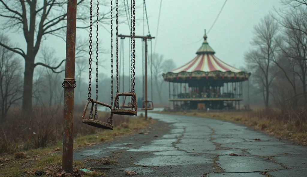 Rusty swings creaking in the wind, with tilted carousels in the distance.