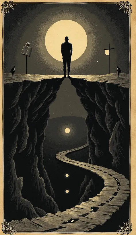 Vintage style illustration, inspired by 19th century engravings, with sepia tones and black and white.  in the center, a human figure with a back, standing on the edge of a deep and dark abyss, with arms crossed, symbolizing a posture of challenge and refl...