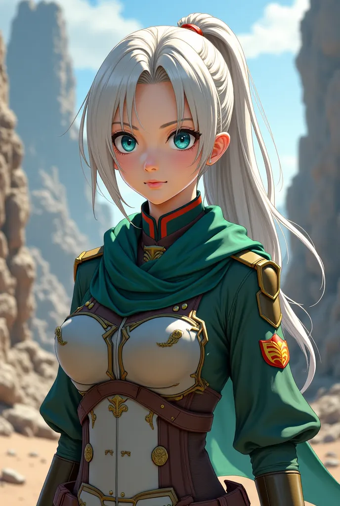 As a girl in the anime, tied in a ponytail, white hair, blue eyes, as a soldier in the Titan story, the Titan military uniform has a green shawl.