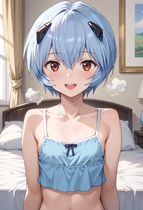 ((highest quality)), ((masterpiece)), (be familiar with), perfect face, indoors, bedroom, viewer,
One woman, Rei Ayanami,
open mouth, steam clouds drift, blush, smile,
 small tits, flat chest, Young girl,  lori,  ,  girl,
Short Hair, short hair,
 open,